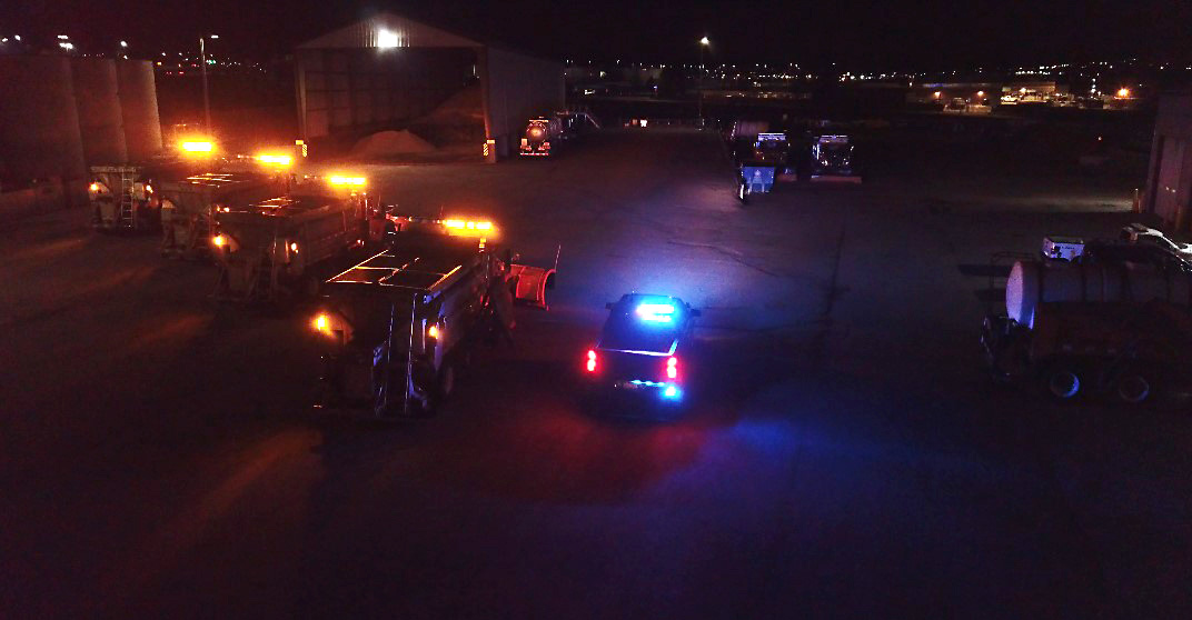 Evening picture of synchronized emergency vehicle lighting.