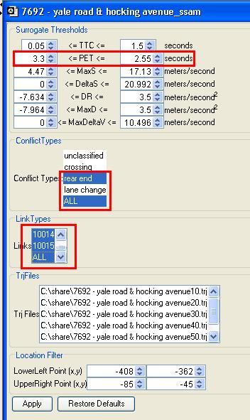 Figure 85. Screen Capture. SSAM Screen-- Filter Tab Errors. This partial view of the Filter tab displays wrong settings. Errors include the following: Range for the PET surrogate measure is invalid, the rear-end conflict type is selected along with the ALL option, and links 100014 and 10015 are selected with the ALL option.