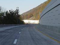 Photo of the lower section of the bifurcated freeway, showing the completed MSE wall.