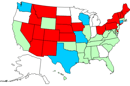 States use of CIR - Red: ME, NH, VT, NY, PA, OH, DE, IA, SD, NE, KS, MT, ID, NV, UT, NM, CO, AZ; Blue: CT, MO, WI, TX, WA, Green: MA, NJ, MD, VA, WV, KY, TN, NC, SC, FL, AL, MS, LA, AR, OK, IL, WY, CA, HI; White: GA, IN, MI, MN, ND, OR