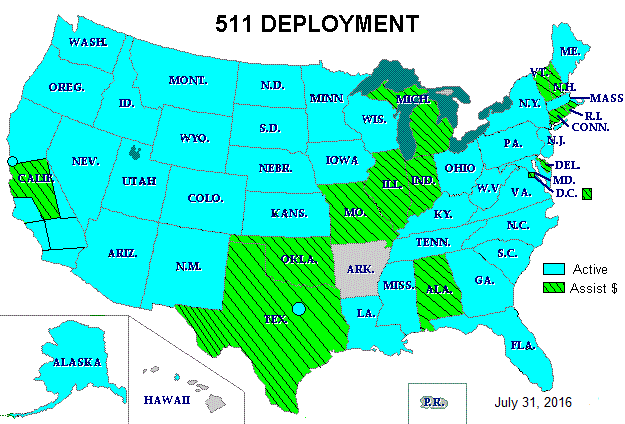 US Map for 511 Deployment Activities as of January 1, 2013. Active areas are Northern Kentucky/Cincinnati, St. Louis, the San Francisco Bay area, Sacramento/Northern California, Eastern Sierras of California, the San Diego area, San Luis Obispo, Los Angeles, the Inland Empire, and statewide in Alaska, Arizona, Colorado, Florida, Georgia, Idaho, Iowa, Kansas, Kentucky, Louisiana, Maine, Maryland, Massachusetts, Minnesota, Montana, Nebraska, Nevada, New Hampshire, New Jersey, New Mexico, New York, North Carolina, North Dakota, Oregon, Pennsylvania, Rhode Island, South Carolina, South Dakota, Tennessee, Utah, Vermont, Virginia, Washington, West Virginia, Wisconsin, and Wyoming; assistance funding has been provided to Alabama, Alaska, Arizona, California, Colorado, Connecticut, Delaware, the District of Columbia, Florida, Idaho, Illinois, Indiana, Iowa, Kansas, Kentucky, Louisiana, Maine, Maryland, Massachusetts, Michigan, Minnesota, Mississippi, Missouri, Montana, Nebraska, Nevada, New Hampshire, New Jersey, New Mexico, New York, North Carolina, North Dakota, Ohio, Oklahoma, Oregon, Pennsylvania, Rhode Island, South Carolina, South Dakota, Tennessee, Texas, Utah, Vermont, Virginia, Washington, Wisconsin, and Wyoming.