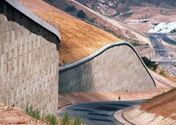 A close-up of mechanically stabilized earth (MSE) walls in a mountainous area.