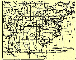 Map of mid and Eastern US showing maximum intensity of ground motion felt during August 31, 1886 Charleston, SC earthquake.