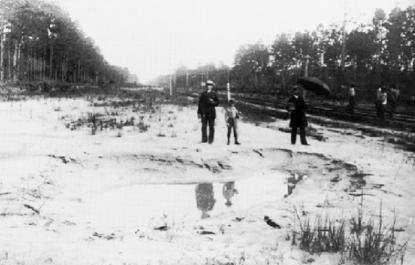 Photo showing a sandblow caused by liquefaction during August 31, 1886 Charleston, SC earthquake.