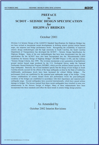 Photo of Preface to SCDOT Seismic Design Specification for Highway Bridges. October 2001 as Amended by October 2002 Interim Revisions