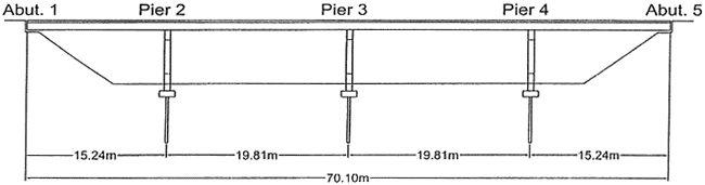 Span lengths in sequence are: Abutment 1 to Pier 2 = 15.24m, Pier 2 to Pier 3 = 19.81m, Pier 3 to Pier 4 = 19.81m and Pier 4 to Abutment 5 = 15.24m
