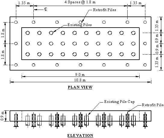 Existing footing is 2.7 m by 9 m with 30 piles in three rows of ten, all in a 0.9 m grid. The 16 retrofit piles are spaced at 1.8 m except for the first interior pile in the long rows which are 1.35 m from the end rows. The final pile cap is 4.5 m by 10.8 m.