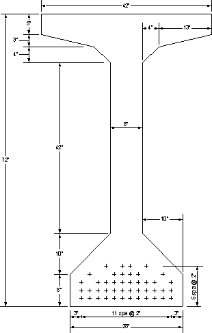 Figure 2-3 - Beam cross section showing 44 strands in 5 rows. This is an AASHTO Type VI prestressed concrete beam.Total depth 72 inches. Top flange width 42 inches and bottom flange width is 28 inches. Section contains 44 strands arranged in five layers. Strands per layer starting from the bottom are 12, 12, 10, 6 and 5.
