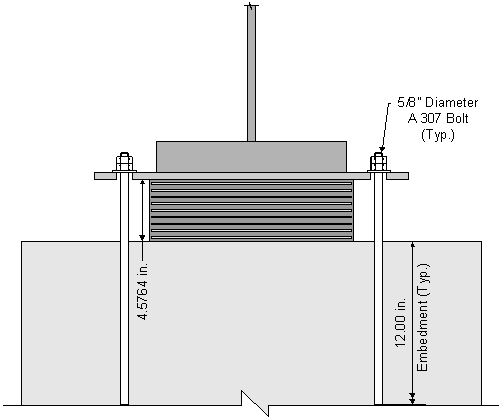 The section is through the girder showing the bottom portion of the web and bottom flange. Also shown is the bearing pad, sole plate, anchor bolts and beam seat area. The bearing pad height of 4 point 5764 inches. The two 5 eights inch diameter A307 anchor bolts project through the sole plate with a washer and two hex nuts above the sole plate. An embedment length of 12 point 00 inches typical for the anchor bolts is called out. 