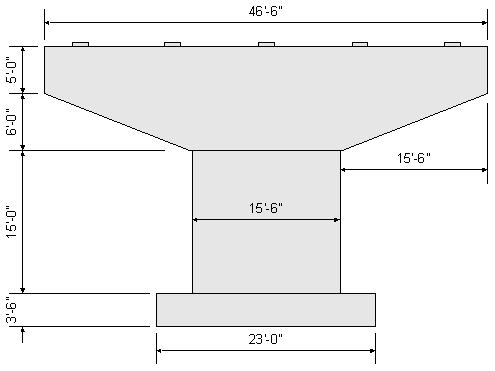 This figure shows a front elevation view of the hammerhead pier used in this design example. The overall width of the pier cap is dimensioned as 46 feet 6 inches. The pier cap overhang is dimensioned as 15 feet 6 inches. The depth of the end of the pier cap is dimensioned as 5 feet and the depth of the tapered portion of the pier cap overhang is 6 feet. The height of the pier column is dimensioned as 15 feet, and the width of the pier column is dimensioned as 15 feet 6 inches. The footing thickness is dimensioned as 3 feet 6 inches, and the footing width is dimensioned as 23 feet.