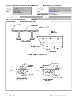 This data sheet shows the connection between a Precast Deck Beam and Precast Deck Beam. The detail was submitted by Washington State Department of Transportation. The connection is made by welding steel rods to embedded plates in the girder flanges. This connection is supplemented by a grouted shear key between the weld plates.