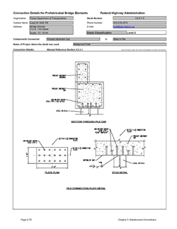 This data sheet shows the connection between a Precast Abutment Cap and Steel H-Pile. The detail was submitted by Texas Department of Transportation. The connection is made using field welding. The pile is cut off to the proper elevation and welded to steel plates that are embedded in to the abutment cap. The plates are anchored to the cap by welded shear studs.