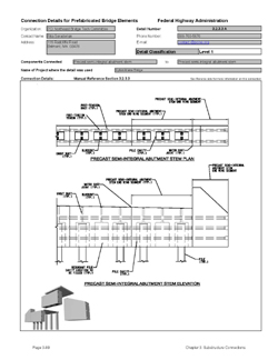 This data sheet shows the connection between a Precast Semi-Integral Abutment Stem and Precast Semi-Integral Abutment Stem. The detail was submitted by PCI Northeast Bridge Technical Committee. The connection is made using the match casting technique. The stems are connected with epoxy adhesive and transverse post tensioning.