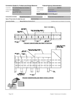 This data sheet shows the connection between a Precast Flying Wingwall and Precast Semi-Integral Abutment Stem. The detail was submitted by PCI Northeast Bridge Technical Committee. The connection is made using the match casting technique. The wingwall and stems are connected with epoxy adhesive and transverse post tensioning.