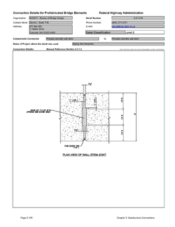 This data sheet shows the connection between a Precast Concrete Wall Stem and Precast Concrete Wall Stem. The detail was submitted by New Hampshire Department of Transportation, Bureau of Bridge Design. The connection is made using a vertical grouted shear key.