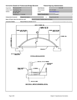 This data sheet shows the connection between a Precast Arch Section and Precast Spandrel Wall. The detail was submitted by Pennsylvania Department of Transportation. The connection is made using a cast-in-place concrete closure pour to form a footing heel on top of the precast arch element.