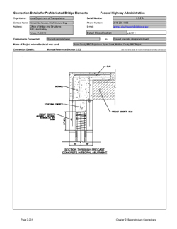 This data sheet shows the connection between a Precast Concrete Beam and Precast Concrete Integral Abutment. The detail was submitted by Iowa Department of Transportation. The connection is made by extending reinforcing from both the integral abutment stem and the deck slab into a cast-in-place concrete closure pour. 