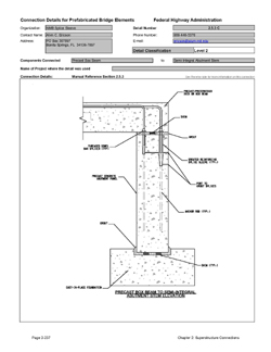This data sheet shows the connection between a Precast Box Beam and Semi-Integral Abutment Stem. The detail was submitted by NMB Splice Sleeve. The connection is made using a proprietary grouted splice coupler. The coupler is a steel casting that filled with grout after insertion of the reinforcing bars from each end. The coupler is cast into the top of the abutment stem.