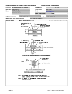 This data sheet shows the connection between a precast full depth slab and another precast full depth slab. The detail was submitted by the PCI Northeast Bridge Technical Committee. The connection is made using longitudinal post tensioning. This detail is used in combination with a grouted shear key.