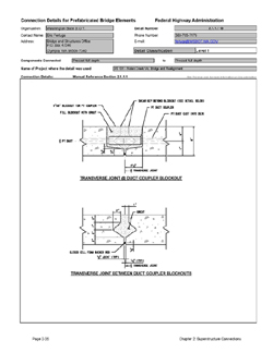 This data sheet shows the connection between a Precast full depth and Precast full depth. The detail was submitted by Washington State Department of Transportation. The connection is made using longitudinal post-tensioning combined with a grouted shear key.