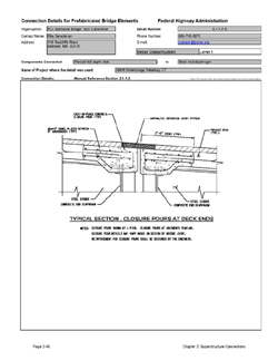 This data sheet shows the connection between a Precast Full Depth Slab and Steel End Diaphragm. The detail was submitted by PCI Northeast Bridge Technical Committee. The connection is made using small cast-in-place concrete closure pour.