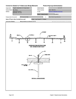 This data sheet shows the connection between a Precast Concrete Slab and Steel Girder Superstructure. The detail was submitted by Virginia Department of Transportation. The detail shows a device used for grade adjustment. It consists of a bolt inserted into a cast-in threaded device. The bolt is removed after the slab is connected to the beams.