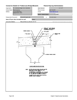 This data sheet shows the connection between a Precast Full Depth Slab and Concrete Beam. The detail was submitted by PCI Northeast Bridge Technical Committee. The detail shows a device used for grade adjustment. It consists of a bolt inserted into a cast-in threaded device. The bolt is removed after the slab is connected to the beams.