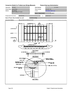 This data sheet shows the connection between a Precast Slabs and Precast Curb. The detail was submitted by New York State Department of Transportation. The connection is made using a grouted horizontal shear key with a reinforcing bar dowel.
