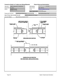 This data sheet shows the connection between a Fiber Reinforced Polymer Deck and Fiber Reinforced Polymer Deck. The detail was submitted by Virginia Department of Transportation. The connection is made using a male-female shear key that is epoxy bonded together.