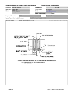 This data sheet shows the connection between a Fiber Reinforced Polymer Deck and Steel Floor Beams. The detail was submitted by New York State Department of Transportation. The connection is made using bolts that are connected to a steel plate that is embedded into the FRP deck. The holes for the bolts are then grouted. An FRP splice plate that covers the holes completes the connection.