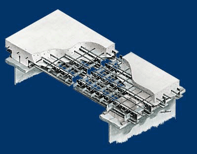 The figure shows a isometric cut away view of an exodermic bridge deck system.