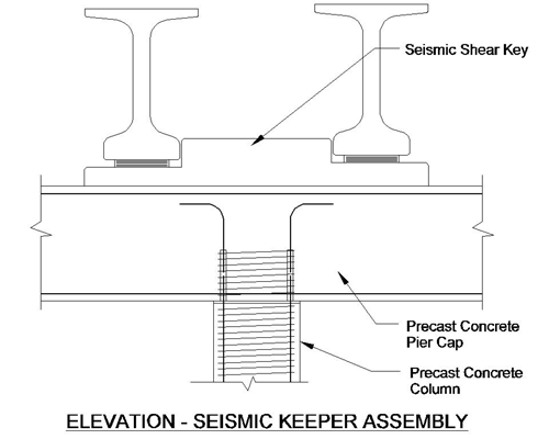 The figure shows a seismic shear key that is often cast between two girder bottom flanges on top of a substructure element.