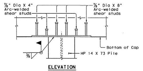 This figure is an elevation detail of a steel pile to concrete cap connection made with field welding.