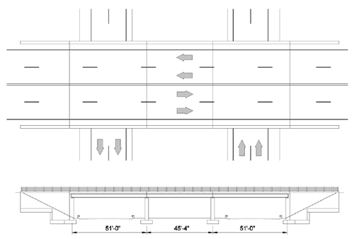 This figure is an elevation and plan of a hypothetical bridge prior to replacement. It is a three span simple span bridge with spans of 51 feet, 45.33 feet, and 51 feet.