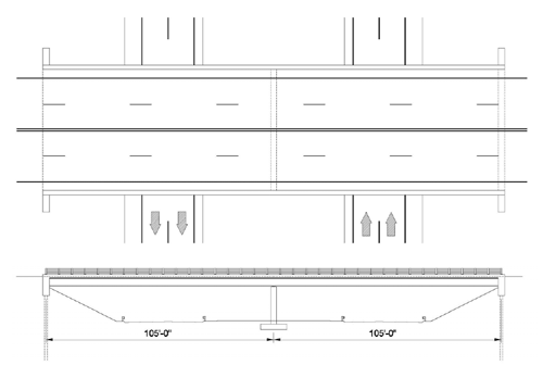 This figure is an elevation and plan of the proposed new bridge for the hypothetical bridge example. It is a two span bridge with spans of 105 feet and 105 feet.