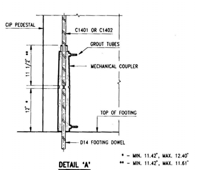 The figure shows a typical section of a grouted reinforcing splice coupler. These couplers are steel casting that filled with grout after insertion of the reinforcing bars from each end. The coupler is cast into one element. Reinforcing bars project from the adjacent element into the couplers. The connection is made by pumping grout into the coupler through ports.