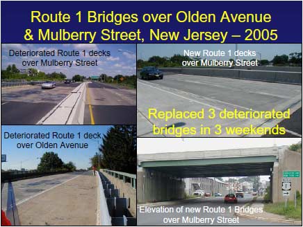 1 over Mulberry Street prior to construction. Cars cross one of the two adjacent bridges. The bridges, each carrying one direction of traffic, are separated by a median barrier. The dark areas on the lighter bridge deck surface indicate locations of deck deterioration.