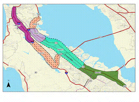 The Smart Corridor Project Phasing shows the map of San Mateo County with the three phases of the Smart Corridors program color coded.