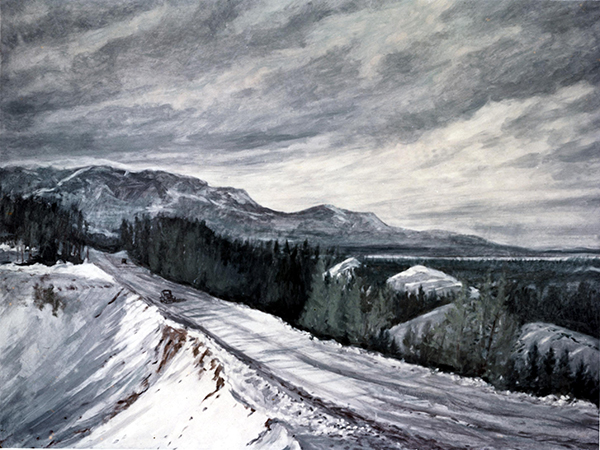 Painting of the Alaska Highway showing 2 cars traveling across the Alaska landscape.