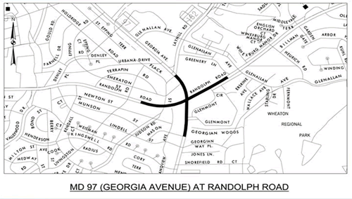 Road map highlighting MD 97 (Georgia Avenue) at Randolph Road