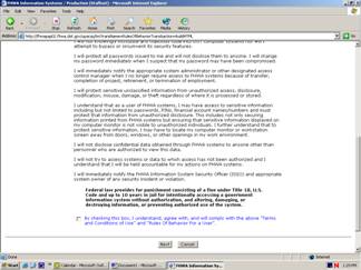The bottom half of the Terms and Conditions of Use and Rules of Behavior screen, showing a checkbox at the bottom for the user to check to indicate acceptance of and agreement to follow these terms and rules. There is a Next button for the user to continue and a Cancel button for the user to quit.