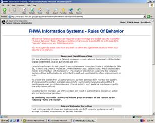 This displays the top half of the Terms of Conditions and Rules of Behavior screen, giving the user the basic idea of what the screen looks like.