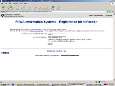 A screen showing a link for a list of UPACS Administrators and fields for the users to enter the UPACS Administrator's user id and the requestor's email address.