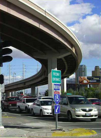 Traffic stopped under an interstate flyover