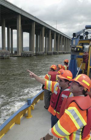 Photo of staff inspecting the Governor Malcolm Wilson Tappan Zee Bridge from aboard one of the New York State Thruway Authority's fleet.