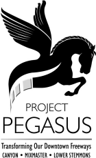 Project Pegasus Logo. Transforming our downtown freeways. Canyon, Mixmaster, Lower Stemmons