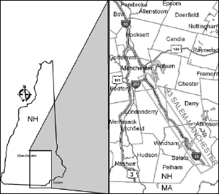 Figure 1 is comprised of two images, side by side. The left side shows a map of the state of New Hampshire. A rectangle is drawn in the lower east section of the state, depicting the area shown in the map on the right hand side of the image. The right side of the image has a map showing the study area for the I-93 corridor project. The project coridor begins at the New Hampshire/Massachusetts State line, in the lower right corner of the map, and stretches diagonally NW through the map to the top right corner, beyond the 1-93/I-293 Interchange.
