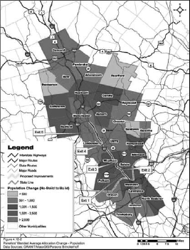 Map showing the multiple communities along the project corridor, with their respective populations depicted by the legend. The populations range from under 500 for some communities to over 2500 for others.