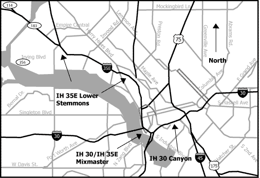 Map showing project locations. The study area shown covers IH 30 from Sylvan to IH 45 and IH 35E from Eighth Street to Empire Central (north of SH 183). The interchange of IH 30 and IH 35E is locally known as the Mixmaster and the depressed portion of IH 30 south of downtown is known as the Canyon. The section of IH 35E from the Mixmaster to SH 183 is referred to as Lower Stemmons.
