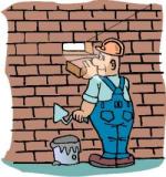 cartoon drawing of a man laying bricks. One brick is being placed in the center of the wall
